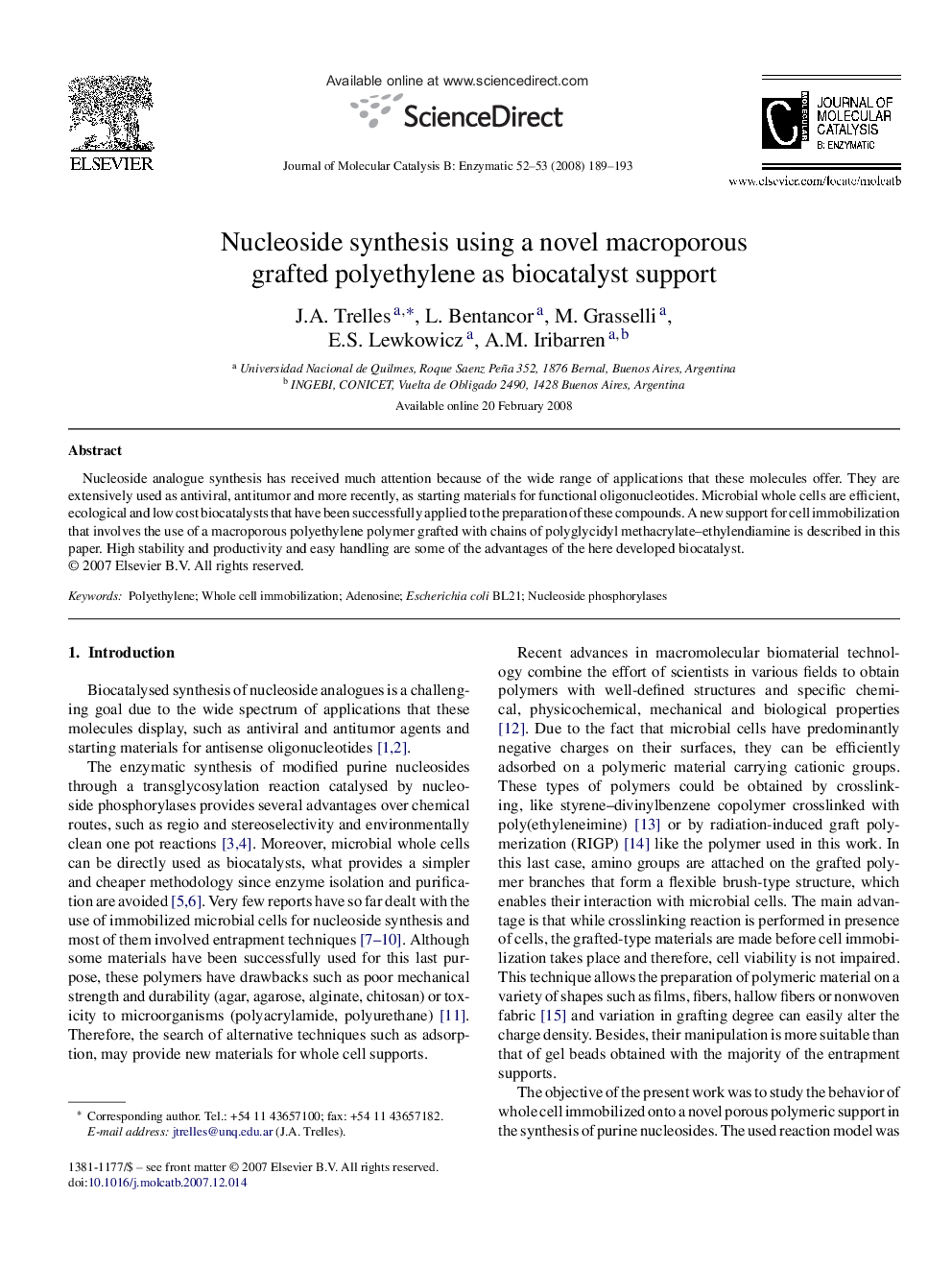 Nucleoside synthesis using a novel macroporous grafted polyethylene as biocatalyst support