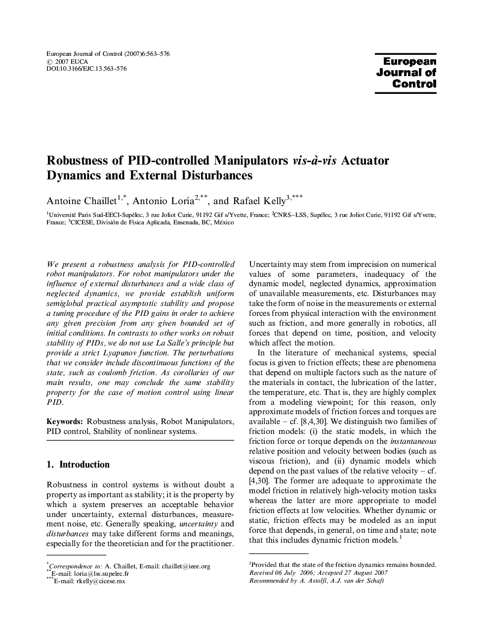 Robustness of PID-controlled Manipulators vis-à-vis Actuator Dynamics and External Disturbances