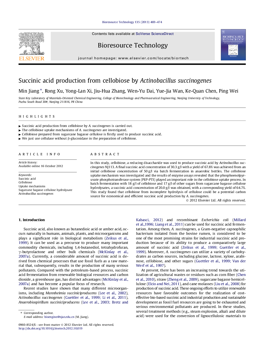 Succinic acid production from cellobiose by Actinobacillus succinogenes