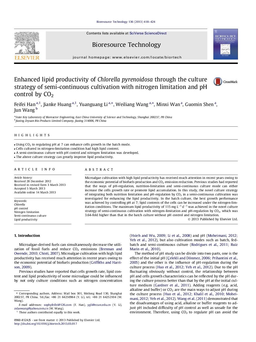 Enhanced lipid productivity of Chlorella pyrenoidosa through the culture strategy of semi-continuous cultivation with nitrogen limitation and pH control by CO2