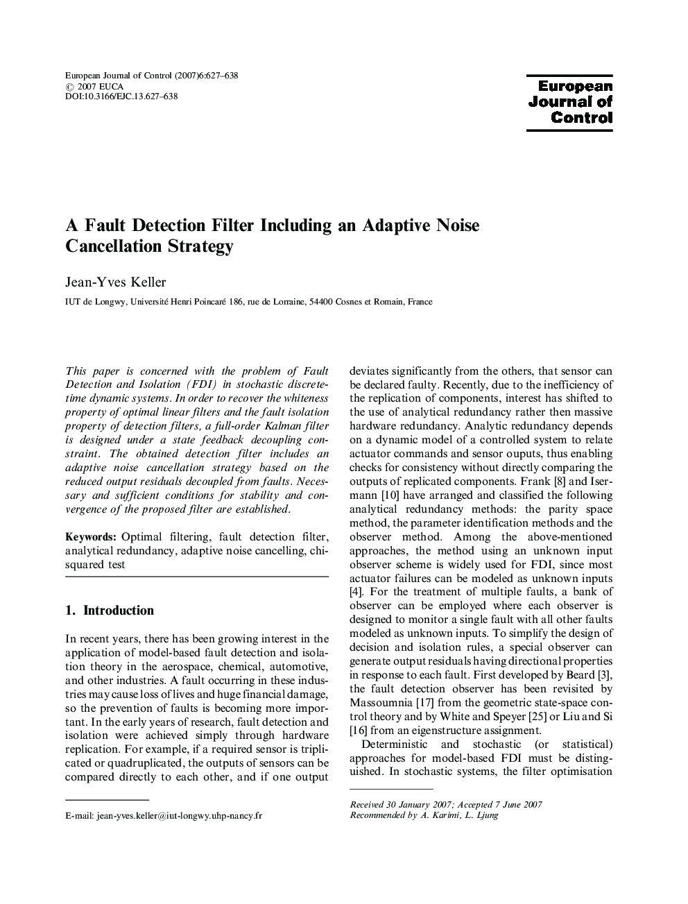 A Fault Detection Filter Including an Adaptive Noise Cancellation Strategy