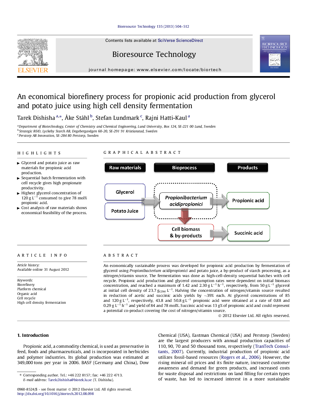 An economical biorefinery process for propionic acid production from glycerol and potato juice using high cell density fermentation