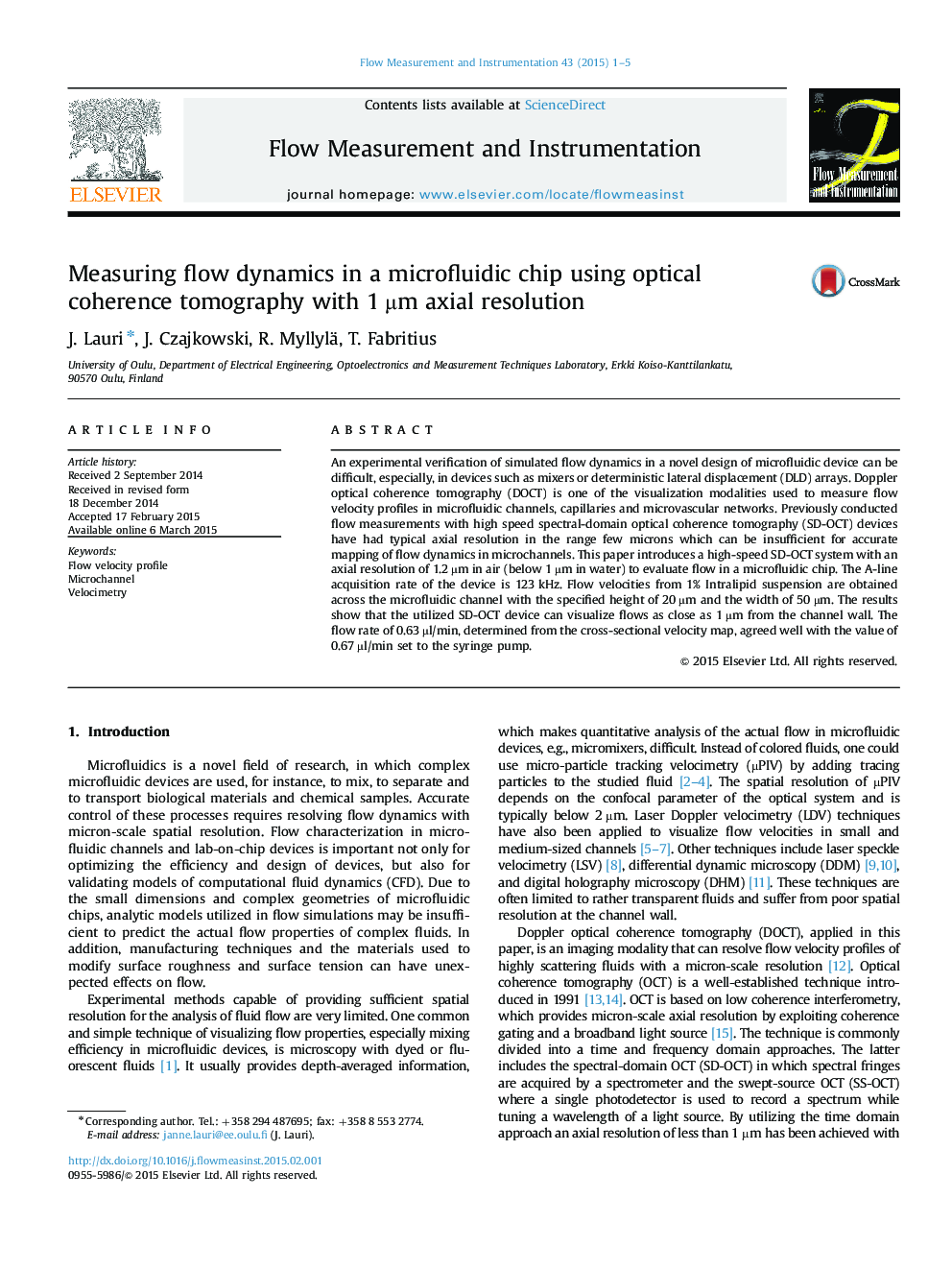 Measuring flow dynamics in a microfluidic chip using optical coherence tomography with 1 µm axial resolution