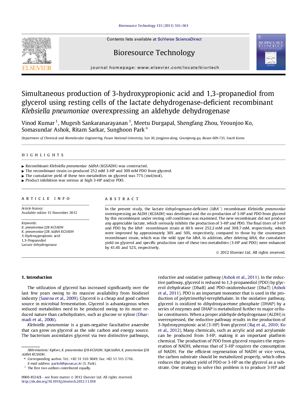 Simultaneous production of 3-hydroxypropionic acid and 1,3-propanediol from glycerol using resting cells of the lactate dehydrogenase-deficient recombinant Klebsiella pneumoniae overexpressing an aldehyde dehydrogenase