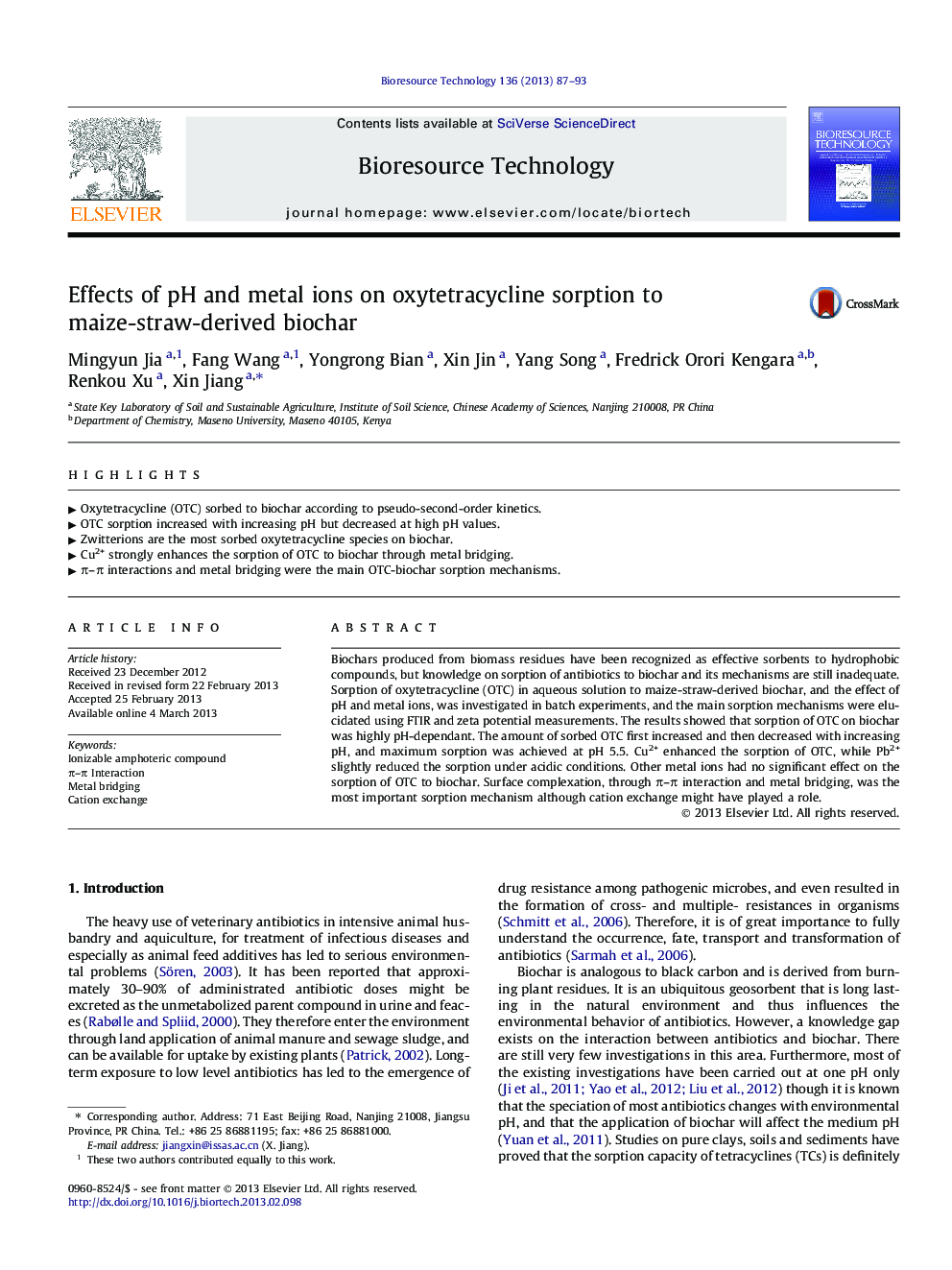 Effects of pH and metal ions on oxytetracycline sorption to maize-straw-derived biochar