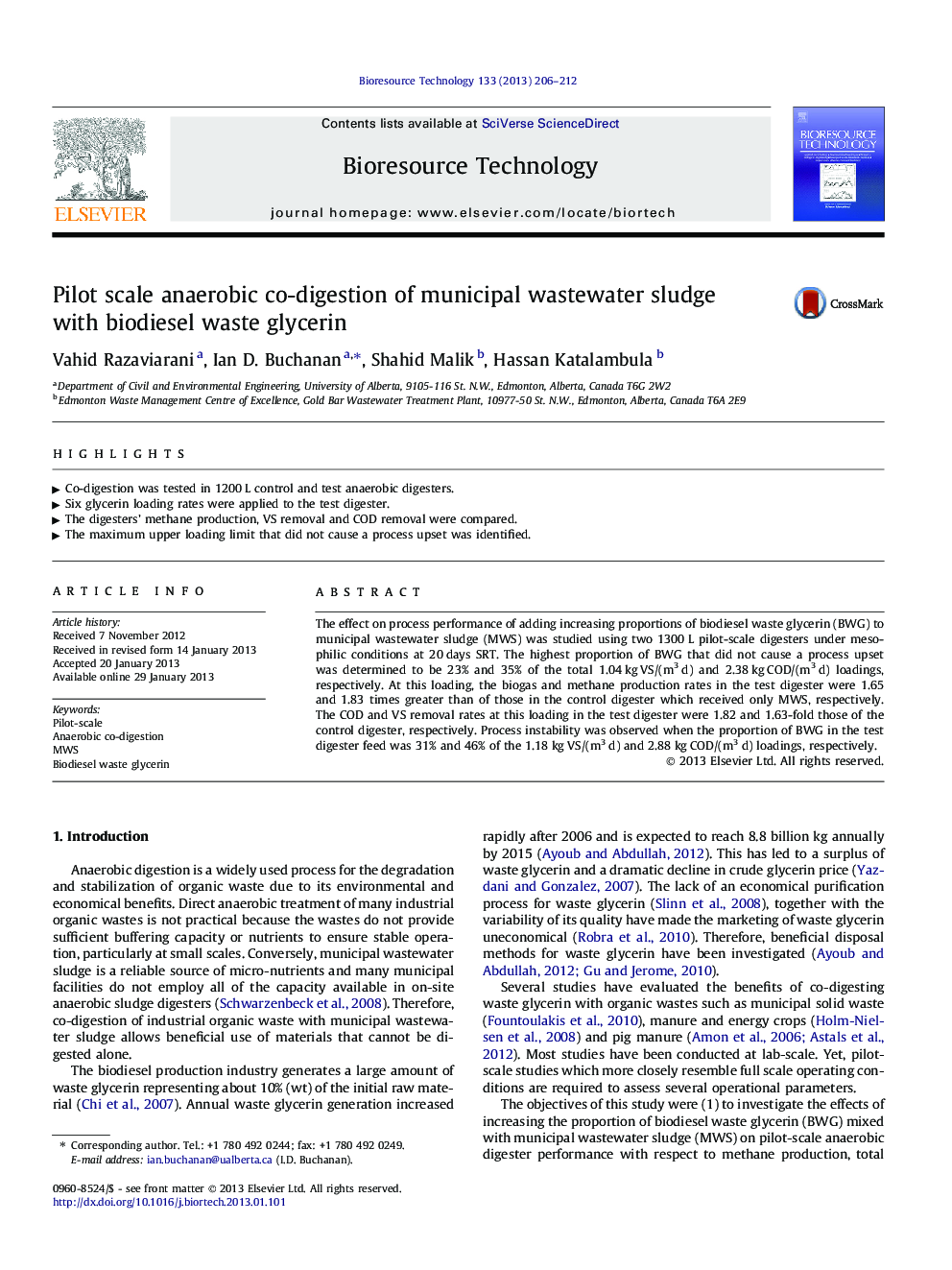 Pilot scale anaerobic co-digestion of municipal wastewater sludge with biodiesel waste glycerin