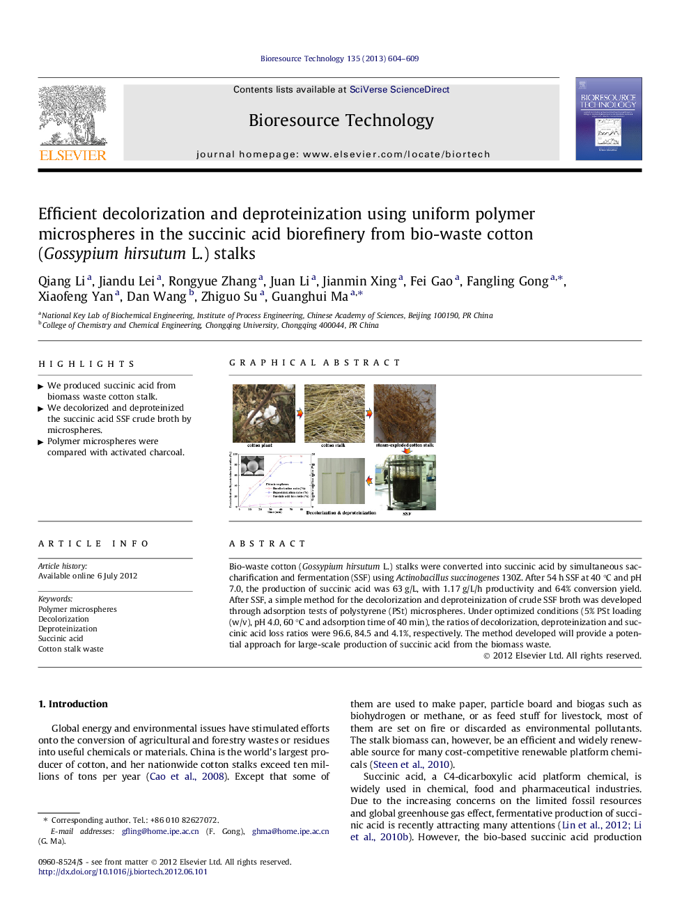 Efficient decolorization and deproteinization using uniform polymer microspheres in the succinic acid biorefinery from bio-waste cotton (Gossypium hirsutum L.) stalks