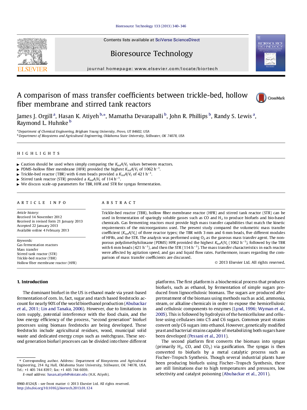 A comparison of mass transfer coefficients between trickle-bed, hollow fiber membrane and stirred tank reactors