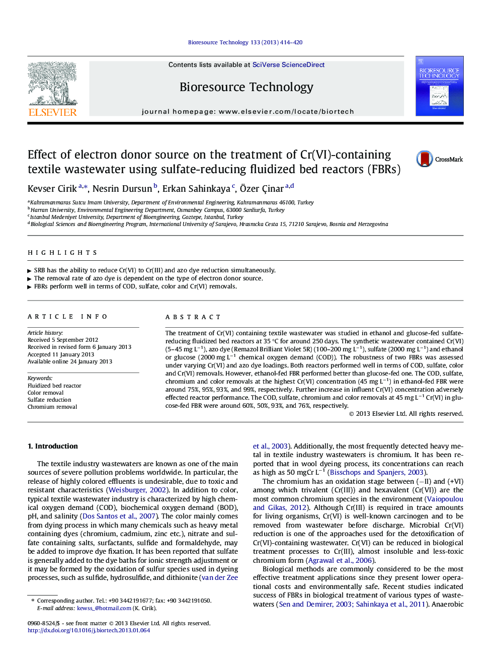 Effect of electron donor source on the treatment of Cr(VI)-containing textile wastewater using sulfate-reducing fluidized bed reactors (FBRs)