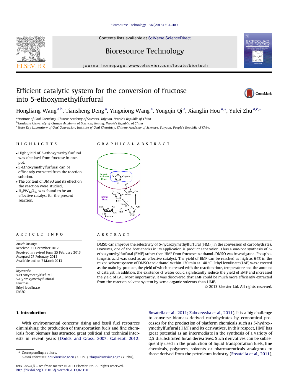 Efficient catalytic system for the conversion of fructose into 5-ethoxymethylfurfural