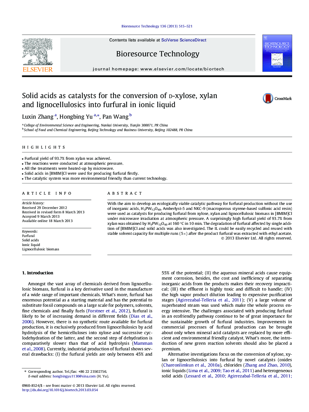 Solid acids as catalysts for the conversion of d-xylose, xylan and lignocellulosics into furfural in ionic liquid