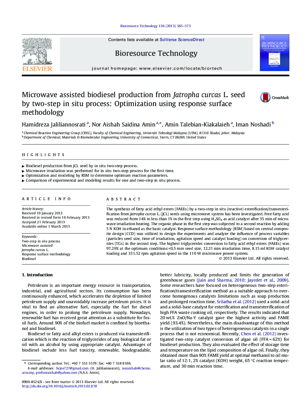 Microwave assisted biodiesel production from Jatropha curcas L. seed by two-step in situ process: Optimization using response surface methodology