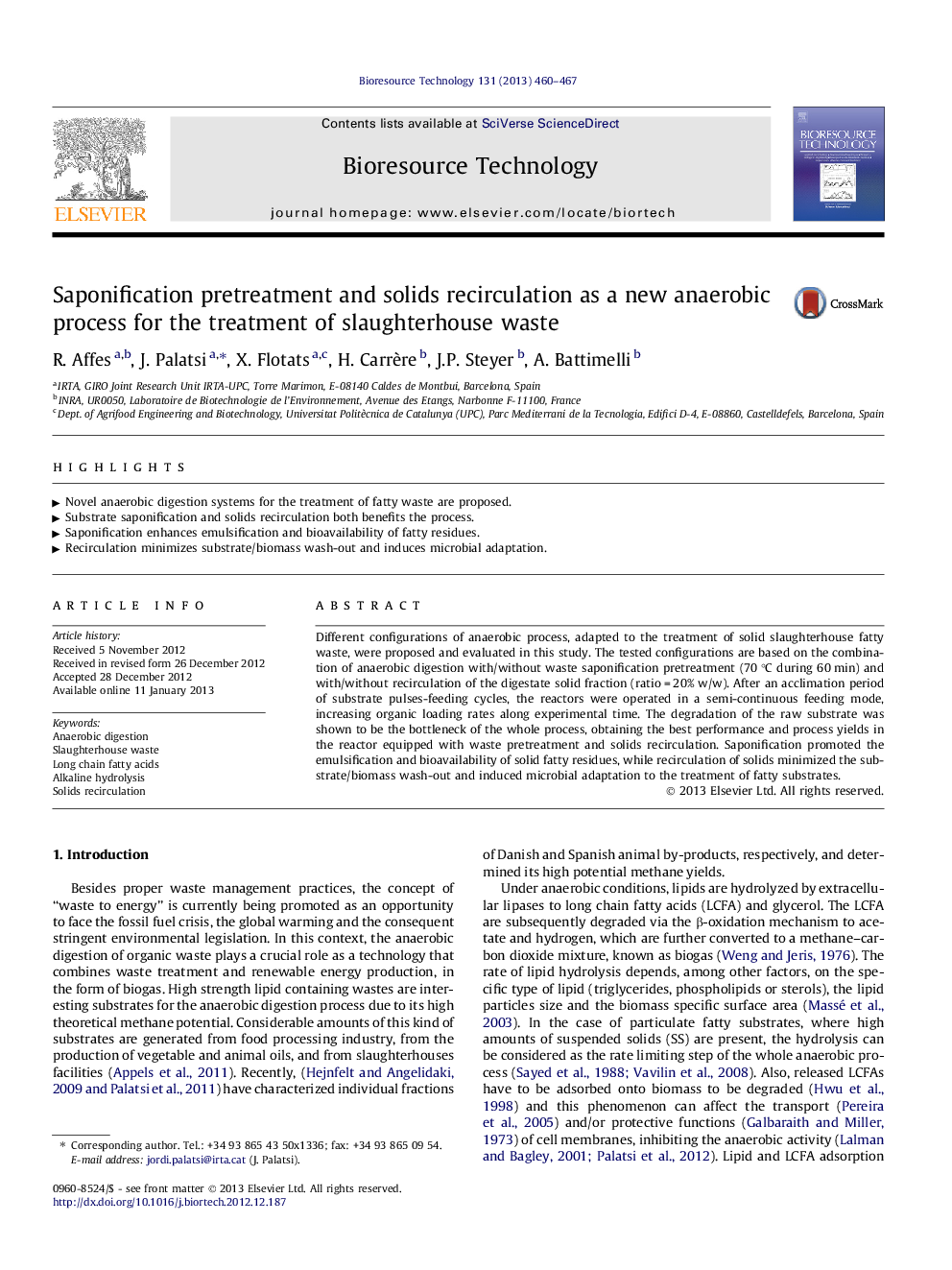 Saponification pretreatment and solids recirculation as a new anaerobic process for the treatment of slaughterhouse waste