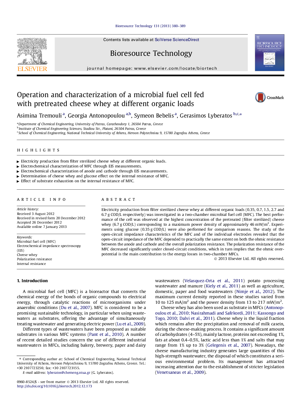 Operation and characterization of a microbial fuel cell fed with pretreated cheese whey at different organic loads