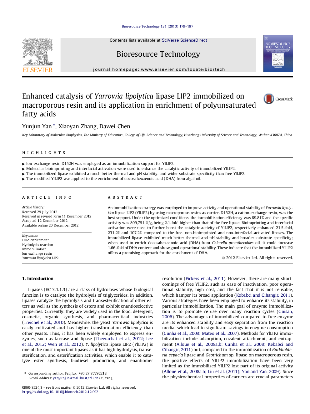 Enhanced catalysis of Yarrowia lipolytica lipase LIP2 immobilized on macroporous resin and its application in enrichment of polyunsaturated fatty acids