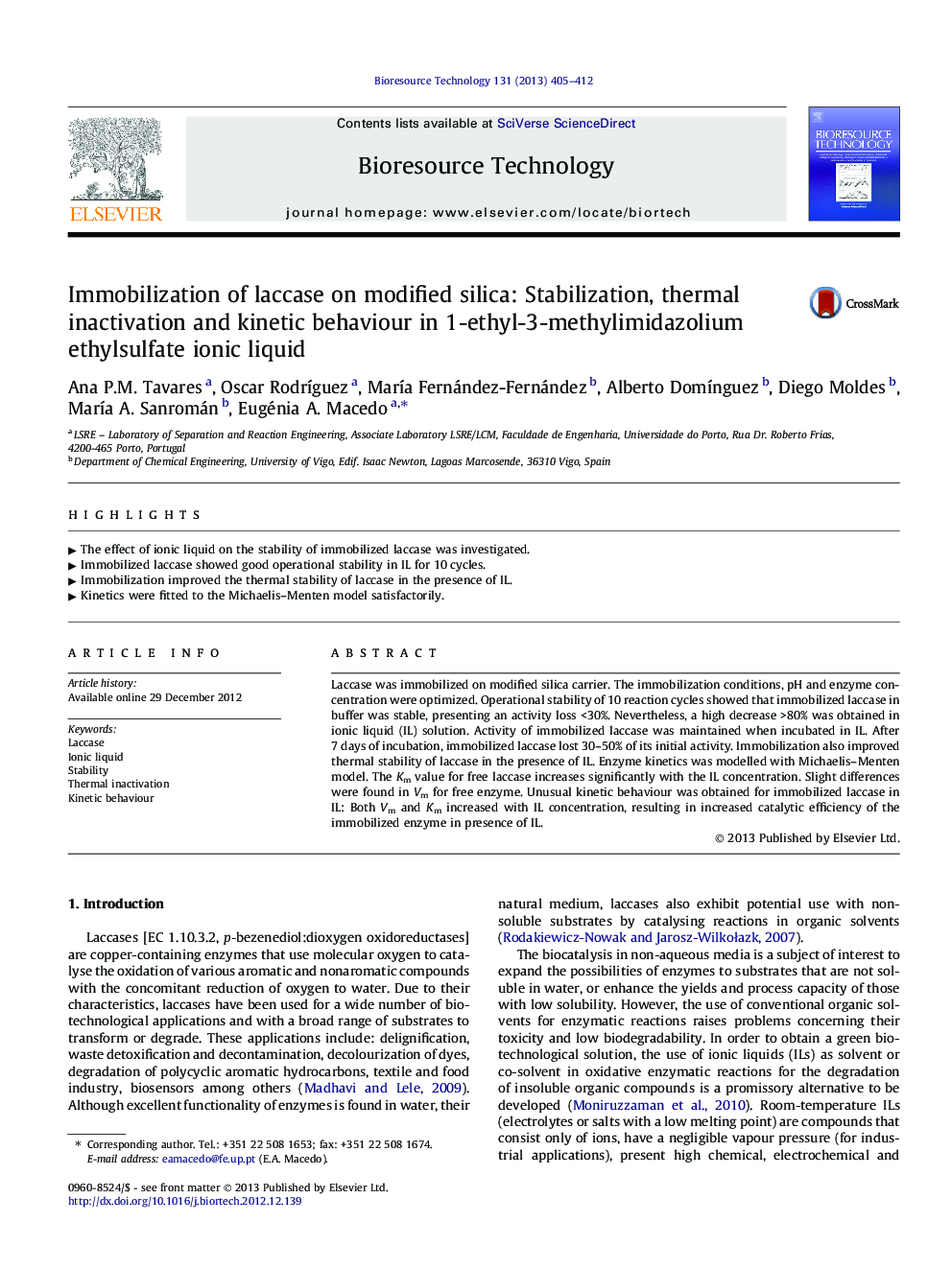 Immobilization of laccase on modified silica: Stabilization, thermal inactivation and kinetic behaviour in 1-ethyl-3-methylimidazolium ethylsulfate ionic liquid