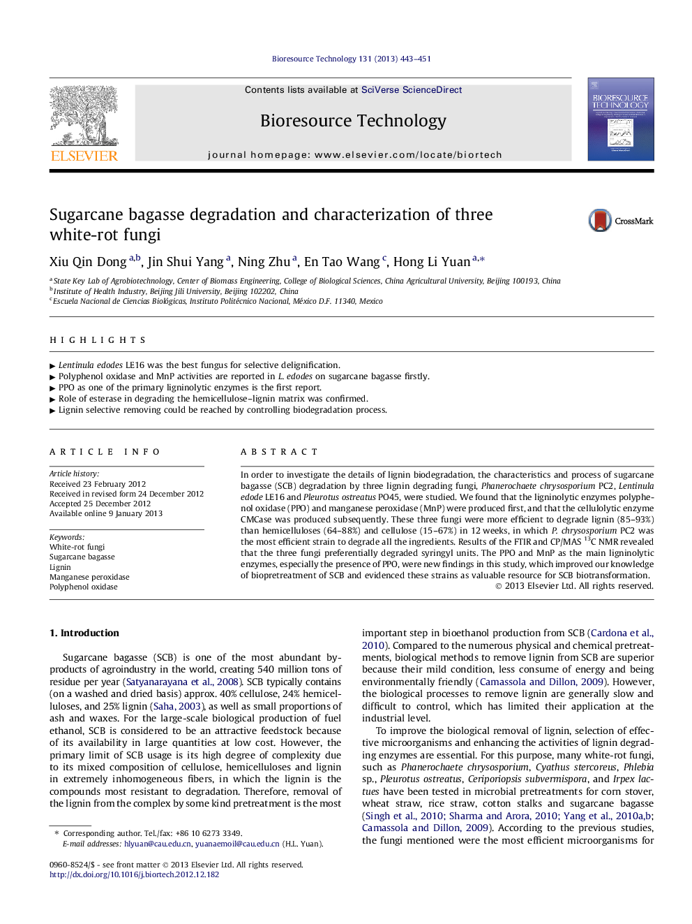 Sugarcane bagasse degradation and characterization of three white-rot fungi