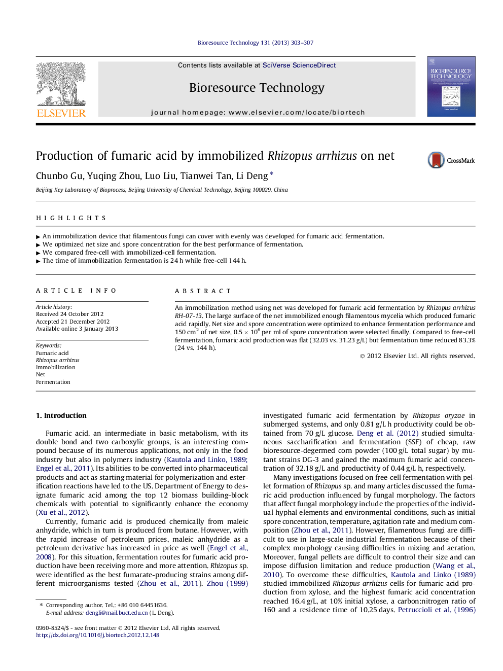 Production of fumaric acid by immobilized Rhizopus arrhizus on net