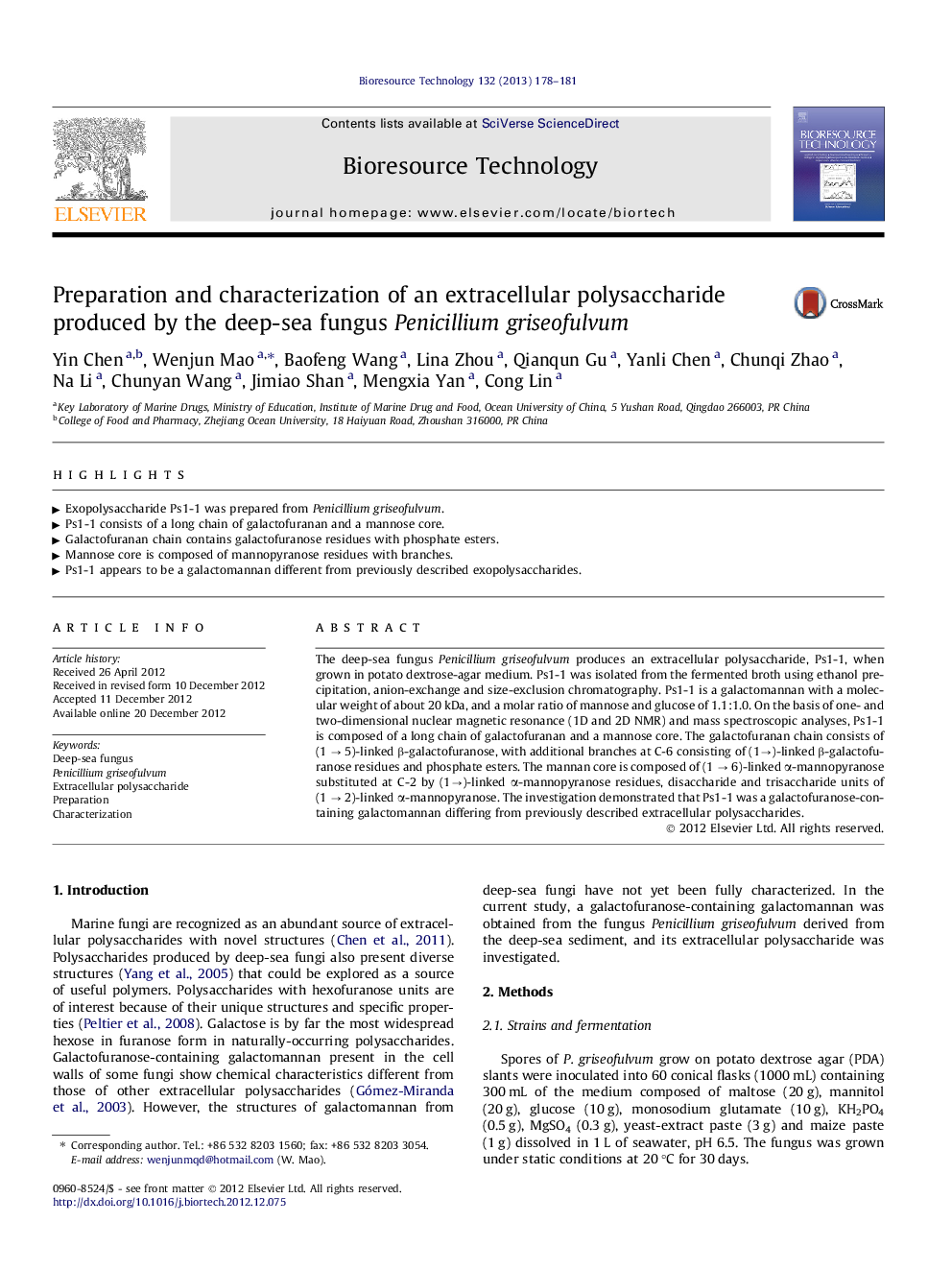 Preparation and characterization of an extracellular polysaccharide produced by the deep-sea fungus Penicillium griseofulvum