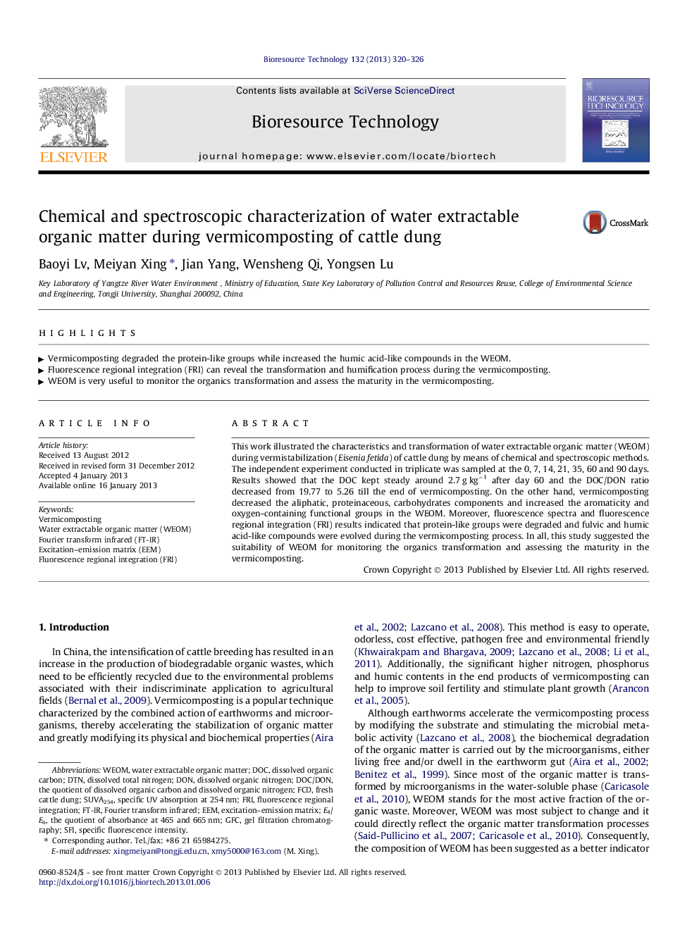 Chemical and spectroscopic characterization of water extractable organic matter during vermicomposting of cattle dung