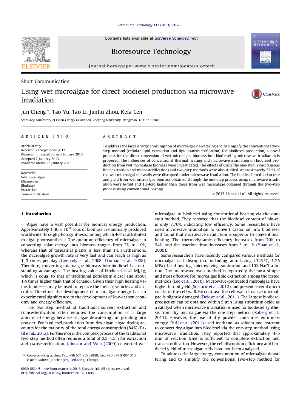 Using wet microalgae for direct biodiesel production via microwave irradiation