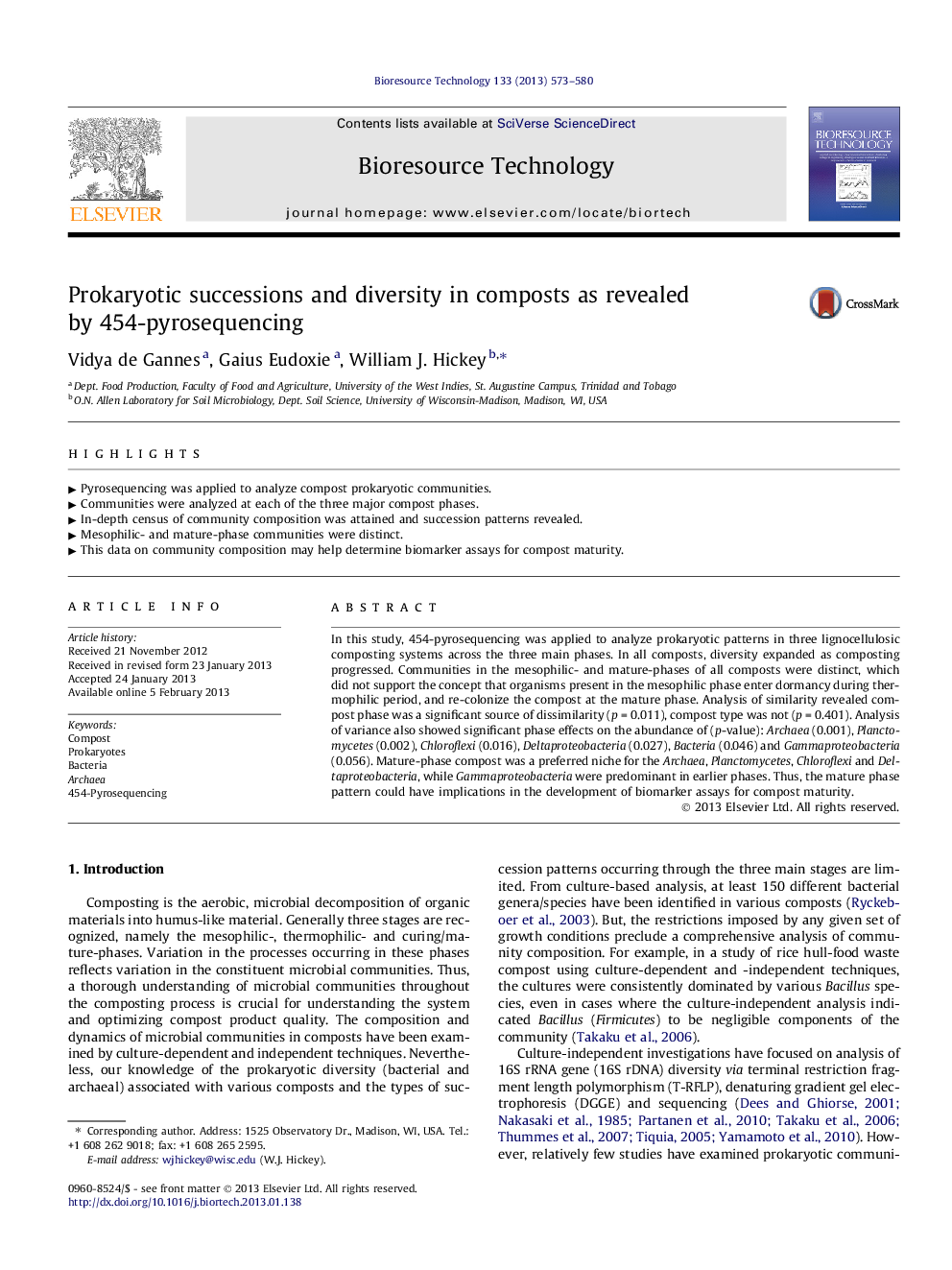 Prokaryotic successions and diversity in composts as revealed by 454-pyrosequencing