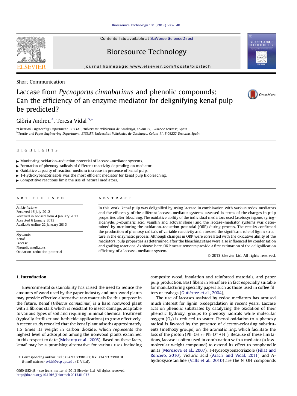 Laccase from Pycnoporus cinnabarinus and phenolic compounds: Can the efficiency of an enzyme mediator for delignifying kenaf pulp be predicted?