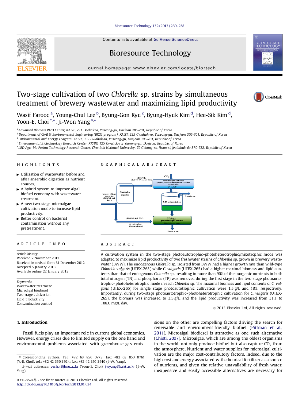 Two-stage cultivation of two Chlorella sp. strains by simultaneous treatment of brewery wastewater and maximizing lipid productivity