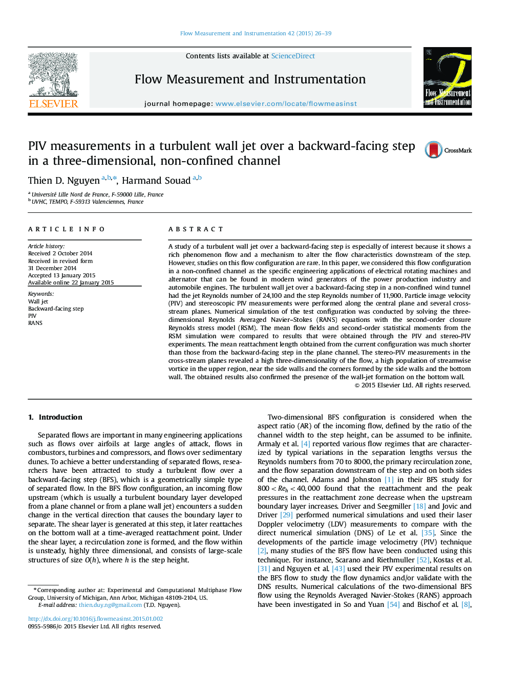 PIV measurements in a turbulent wall jet over a backward-facing step in a three-dimensional, non-confined channel