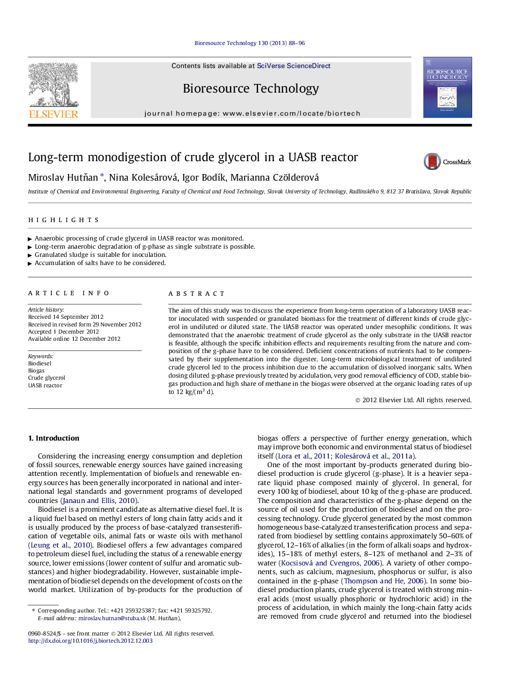 Long-term monodigestion of crude glycerol in a UASB reactor