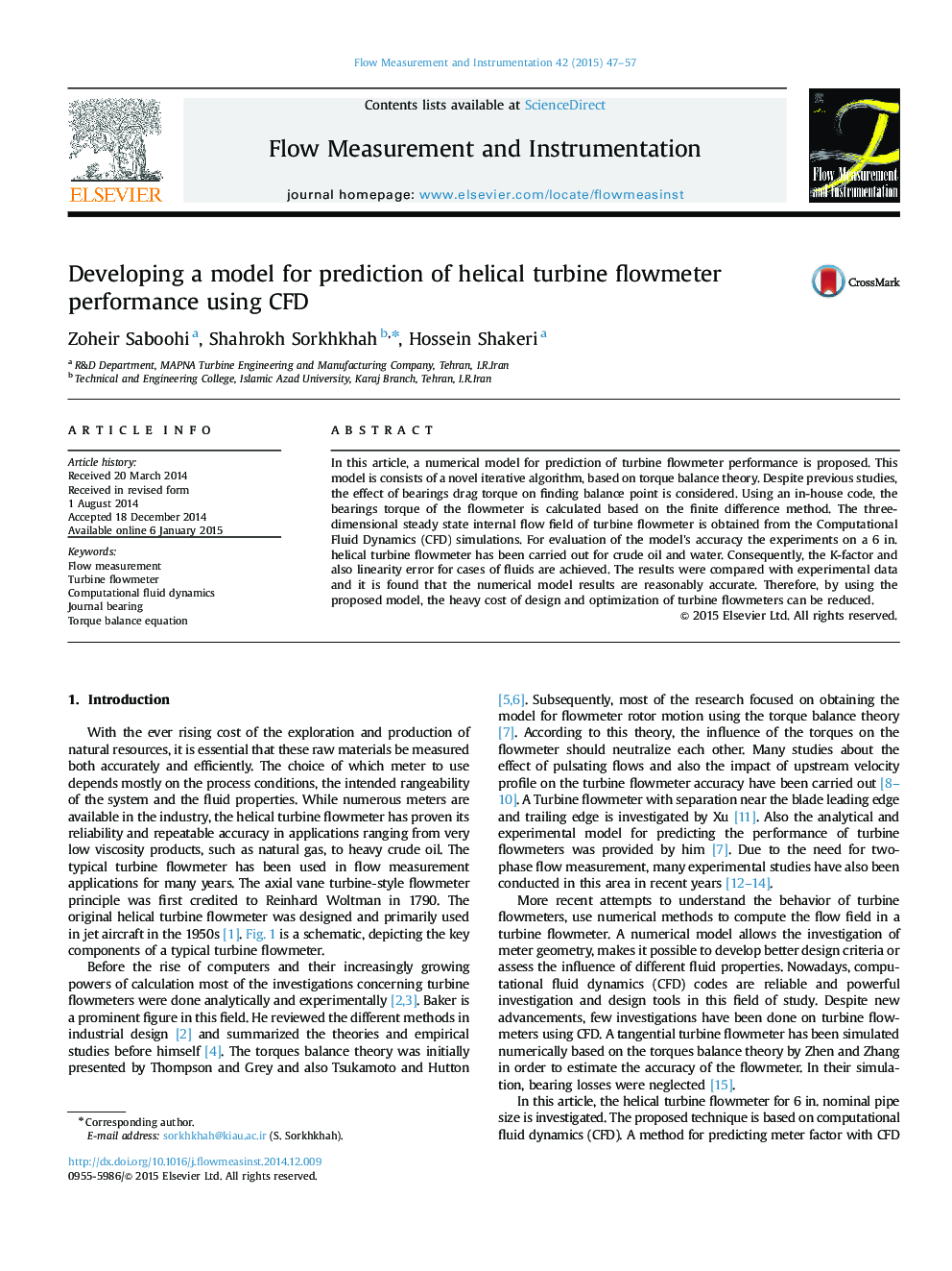 Developing a model for prediction of helical turbine flowmeter performance using CFD