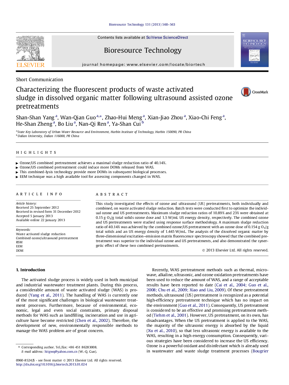 Characterizing the fluorescent products of waste activated sludge in dissolved organic matter following ultrasound assisted ozone pretreatments