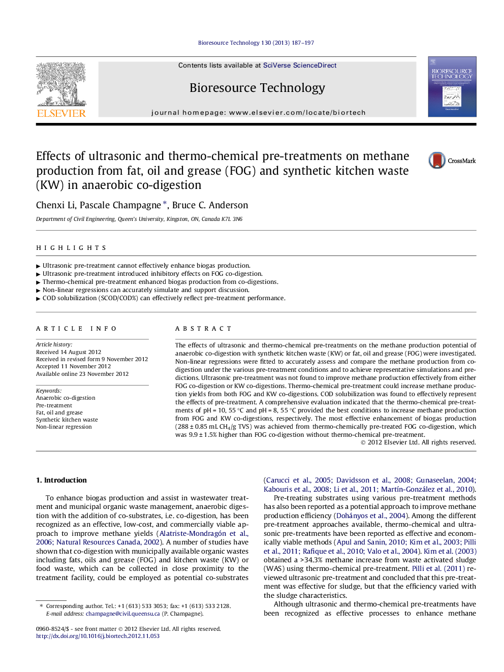 Effects of ultrasonic and thermo-chemical pre-treatments on methane production from fat, oil and grease (FOG) and synthetic kitchen waste (KW) in anaerobic co-digestion