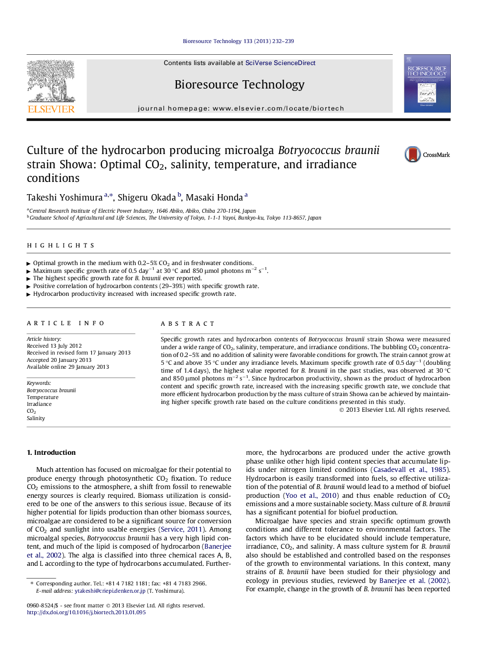 Culture of the hydrocarbon producing microalga Botryococcus braunii strain Showa: Optimal CO2, salinity, temperature, and irradiance conditions