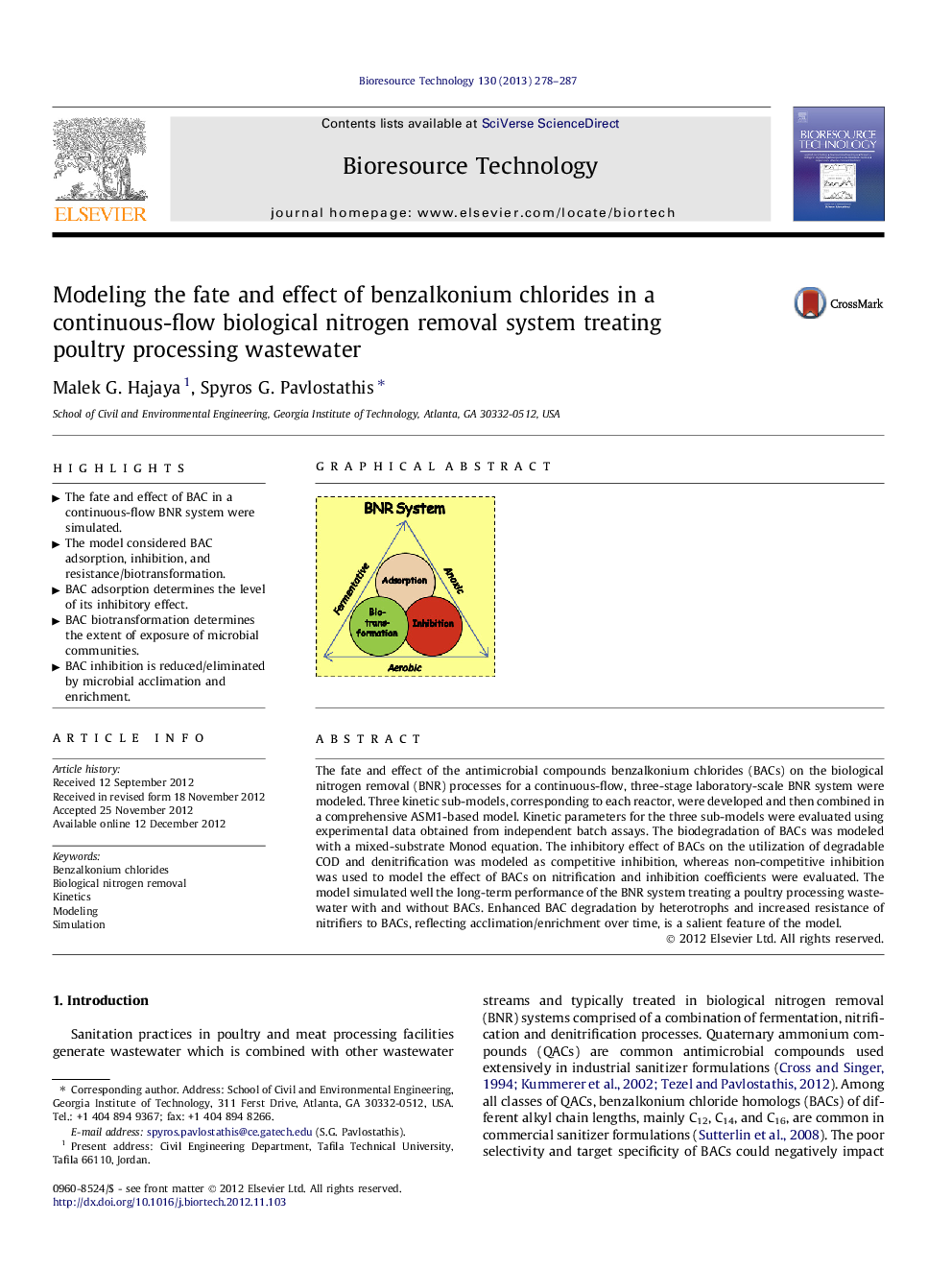 مدل سازی سرنوشت و اثر کلرید بنزالکونیوم در یک سیستم حذف بیولوژیکی نیتروژن با جریان مداوم برای درمان پساب فاضلاب مرغ 