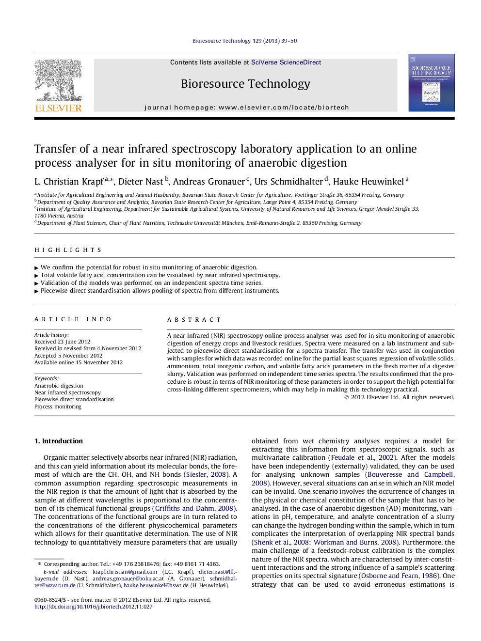 Transfer of a near infrared spectroscopy laboratory application to an online process analyser for in situ monitoring of anaerobic digestion