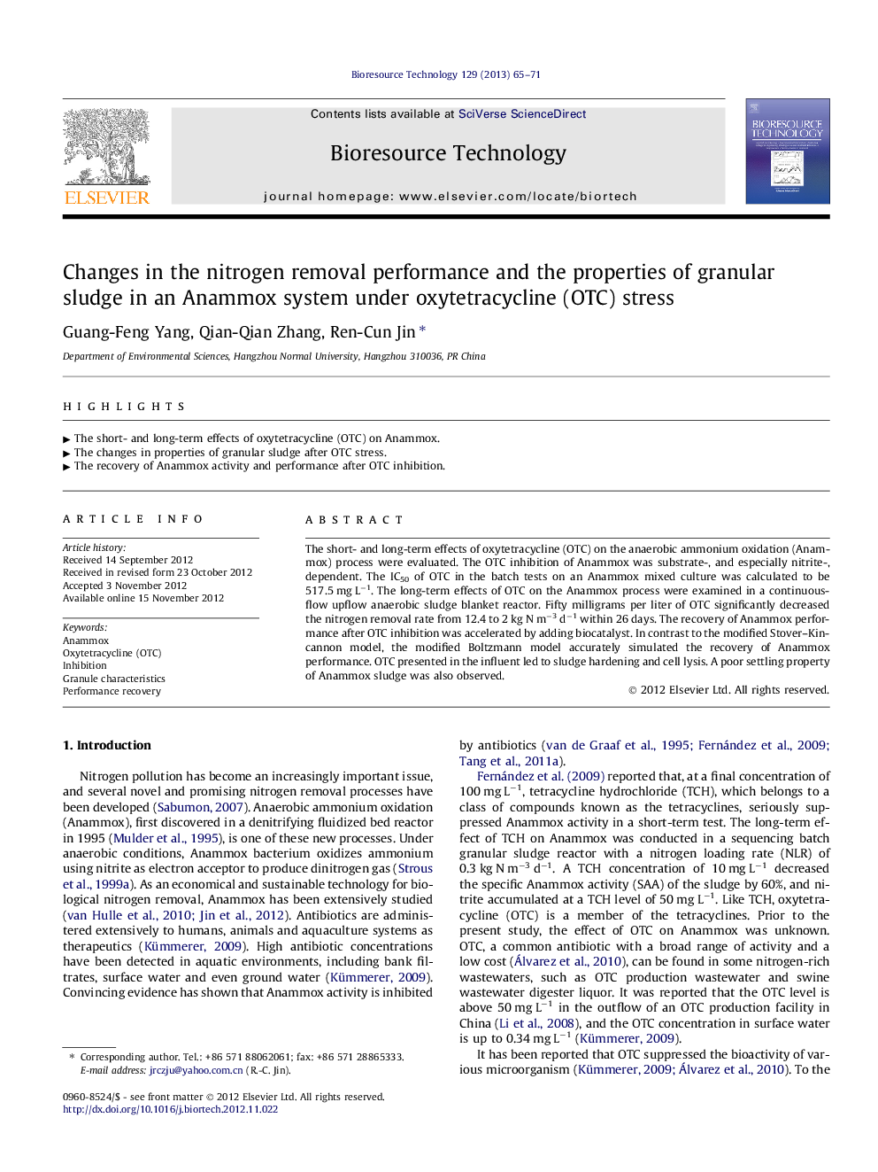 Changes in the nitrogen removal performance and the properties of granular sludge in an Anammox system under oxytetracycline (OTC) stress