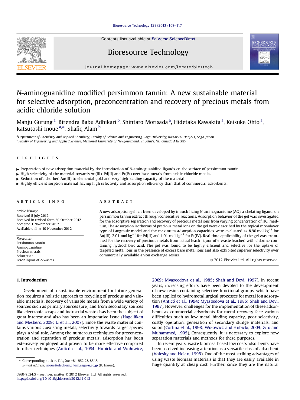 N-aminoguanidine modified persimmon tannin: A new sustainable material for selective adsorption, preconcentration and recovery of precious metals from acidic chloride solution