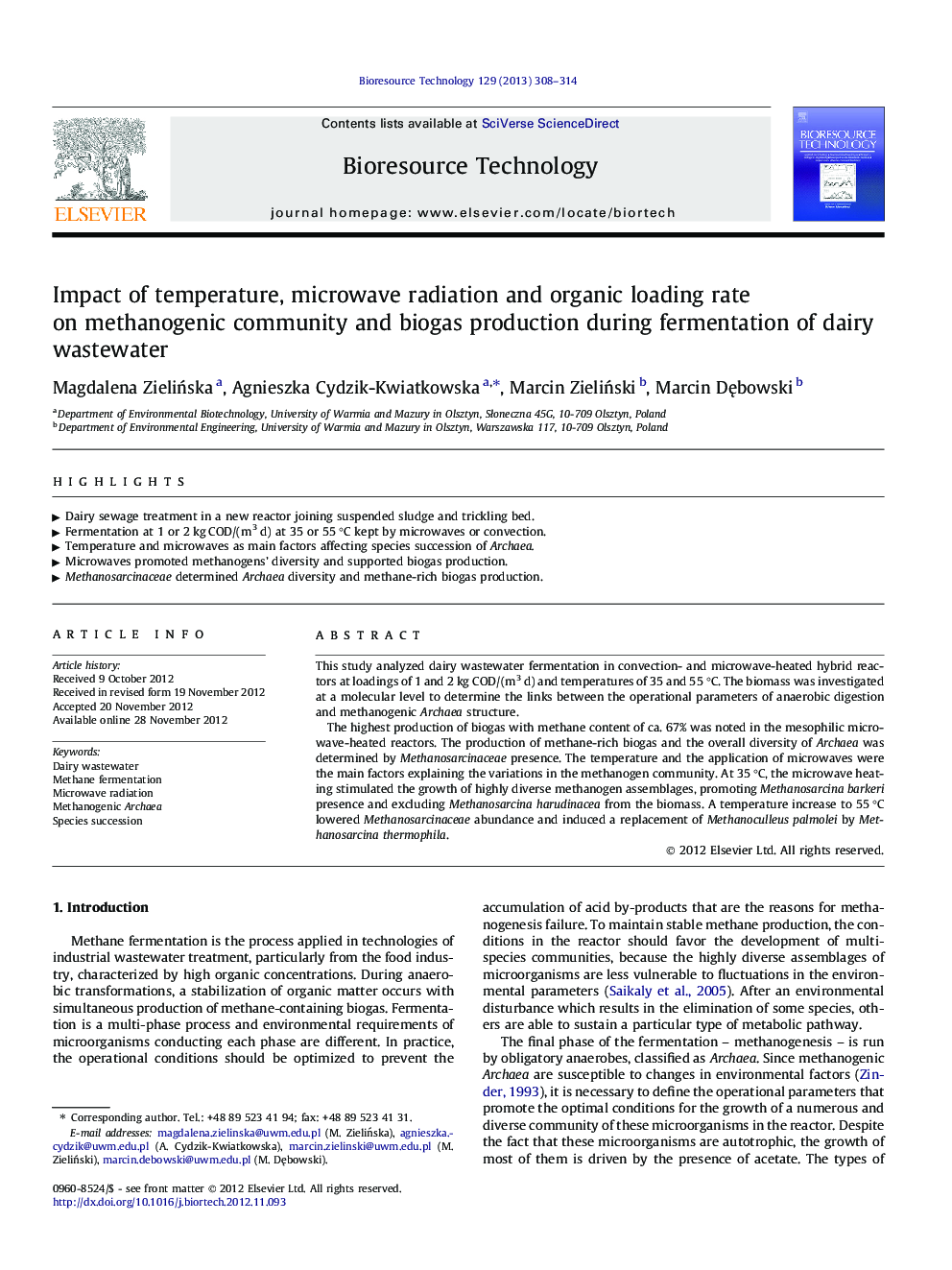 Impact of temperature, microwave radiation and organic loading rate on methanogenic community and biogas production during fermentation of dairy wastewater