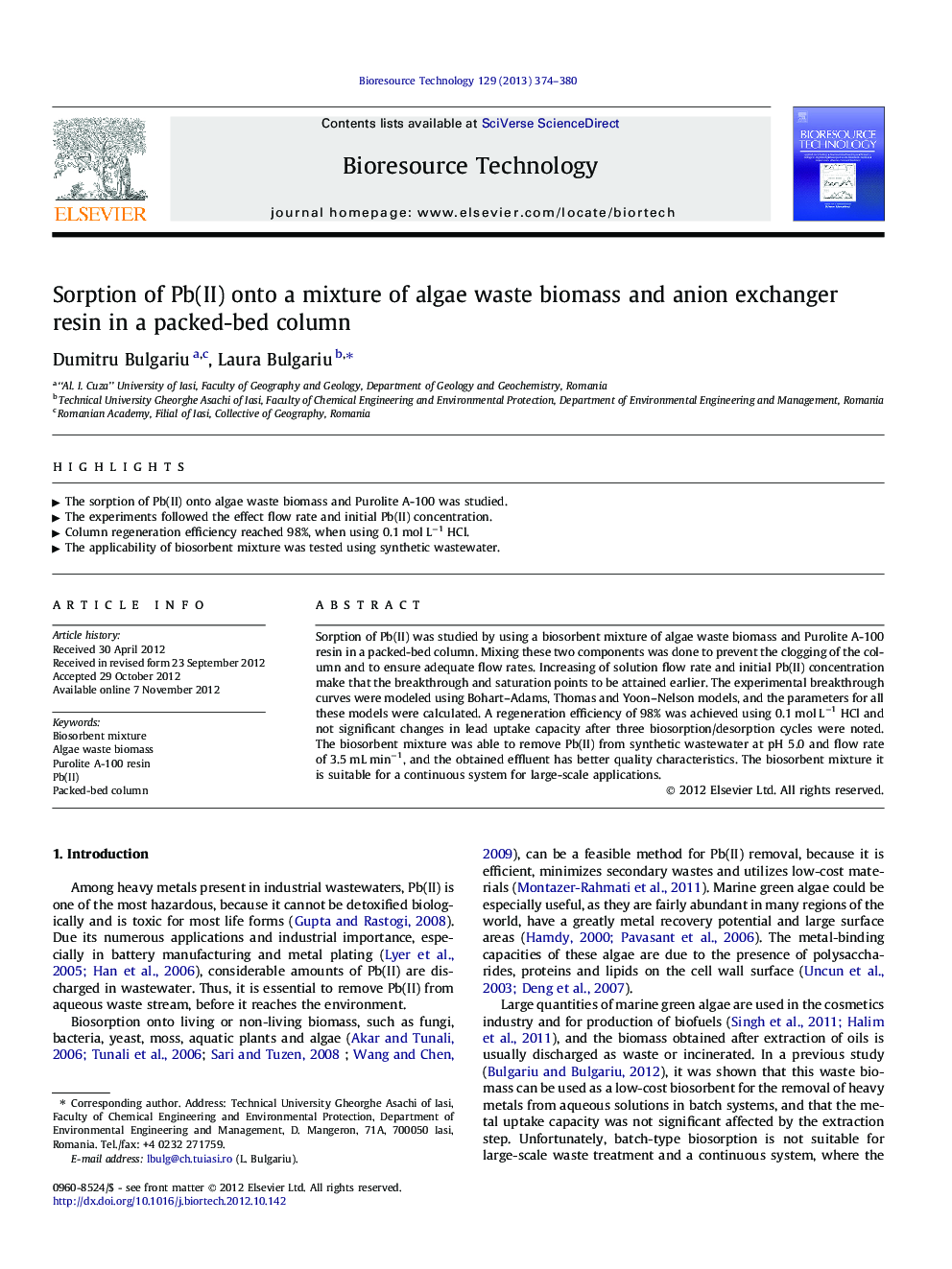 Sorption of Pb(II) onto a mixture of algae waste biomass and anion exchanger resin in a packed-bed column