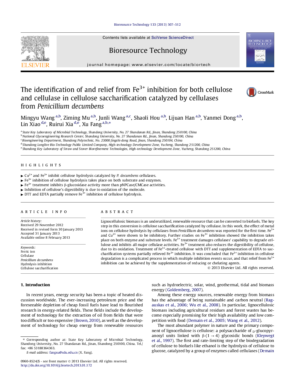 The identification of and relief from Fe3+ inhibition for both cellulose and cellulase in cellulose saccharification catalyzed by cellulases from Penicillium decumbens