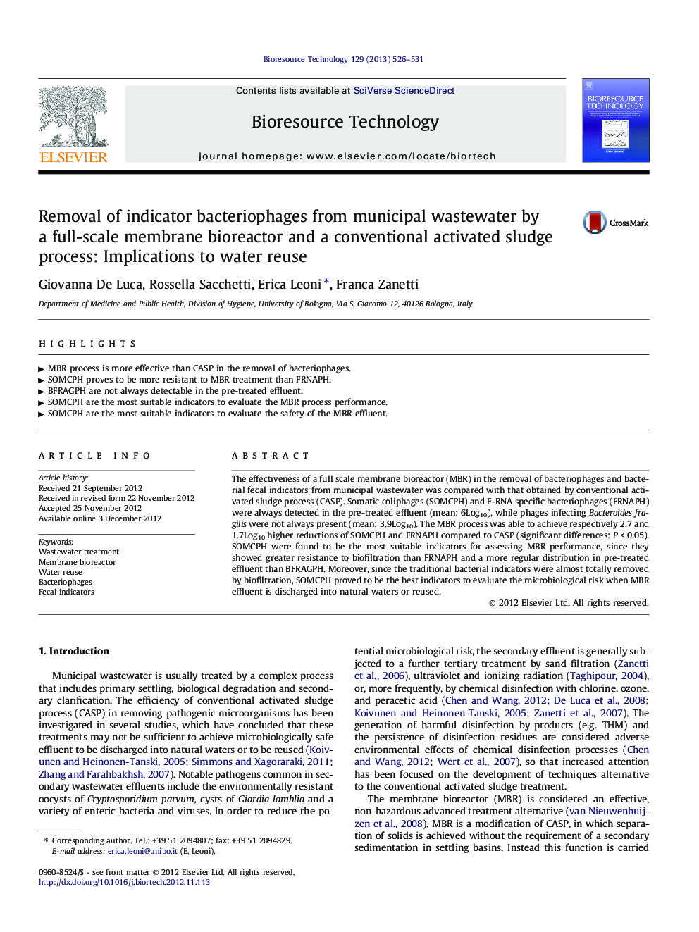 Removal of indicator bacteriophages from municipal wastewater by a full-scale membrane bioreactor and a conventional activated sludge process: Implications to water reuse