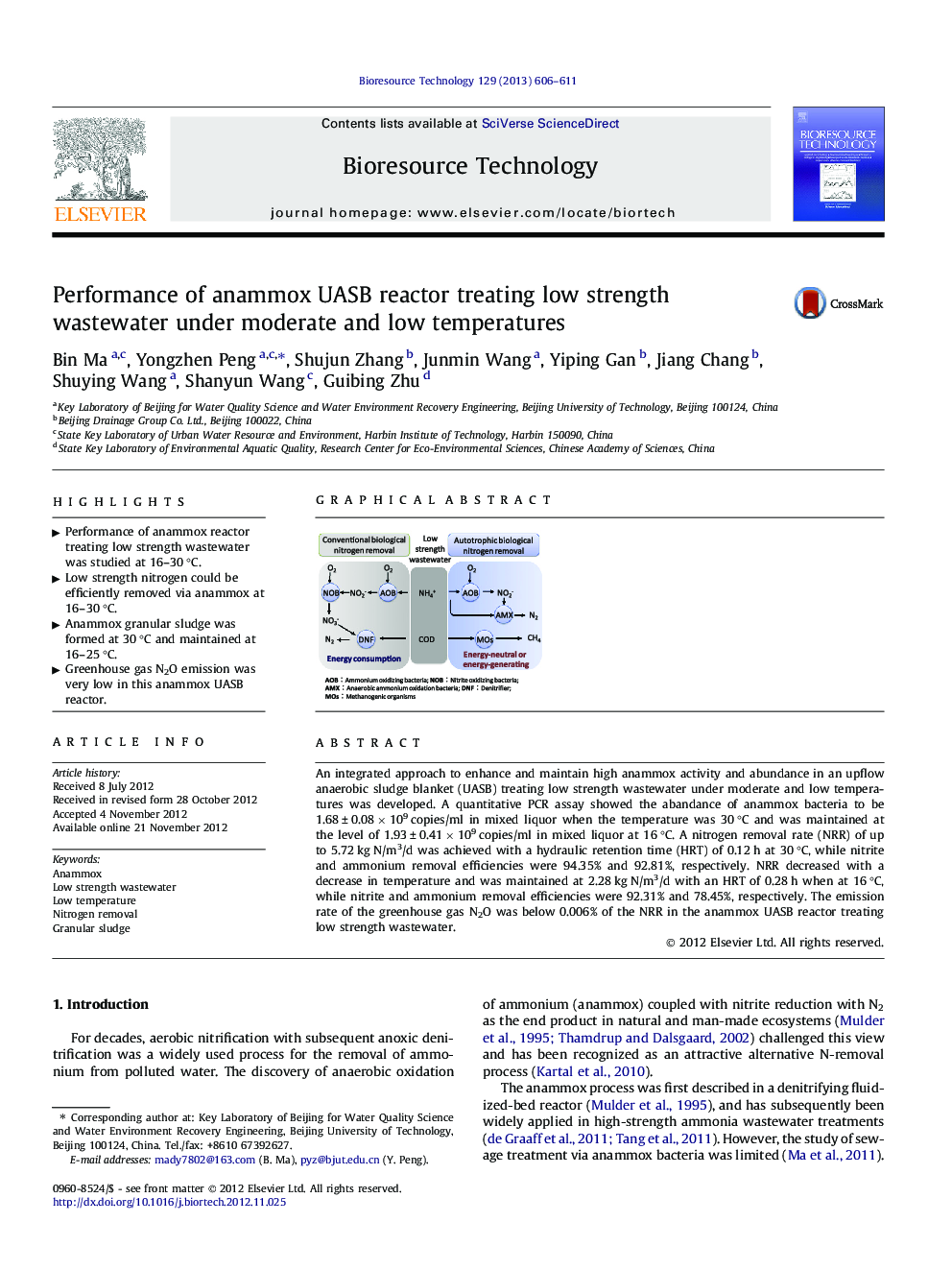 Performance of anammox UASB reactor treating low strength wastewater under moderate and low temperatures