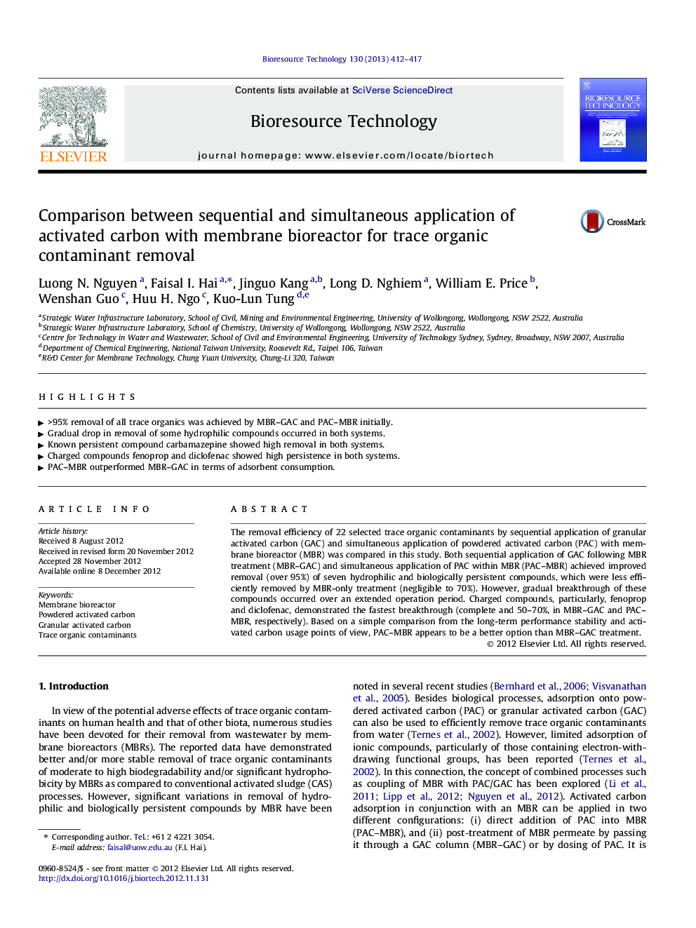 Comparison between sequential and simultaneous application of activated carbon with membrane bioreactor for trace organic contaminant removal