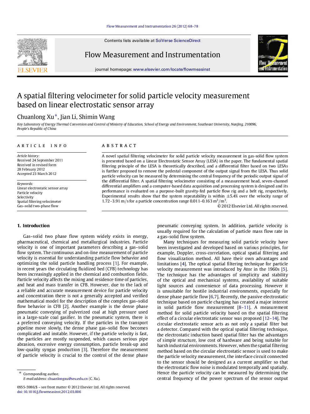 A spatial filtering velocimeter for solid particle velocity measurement based on linear electrostatic sensor array