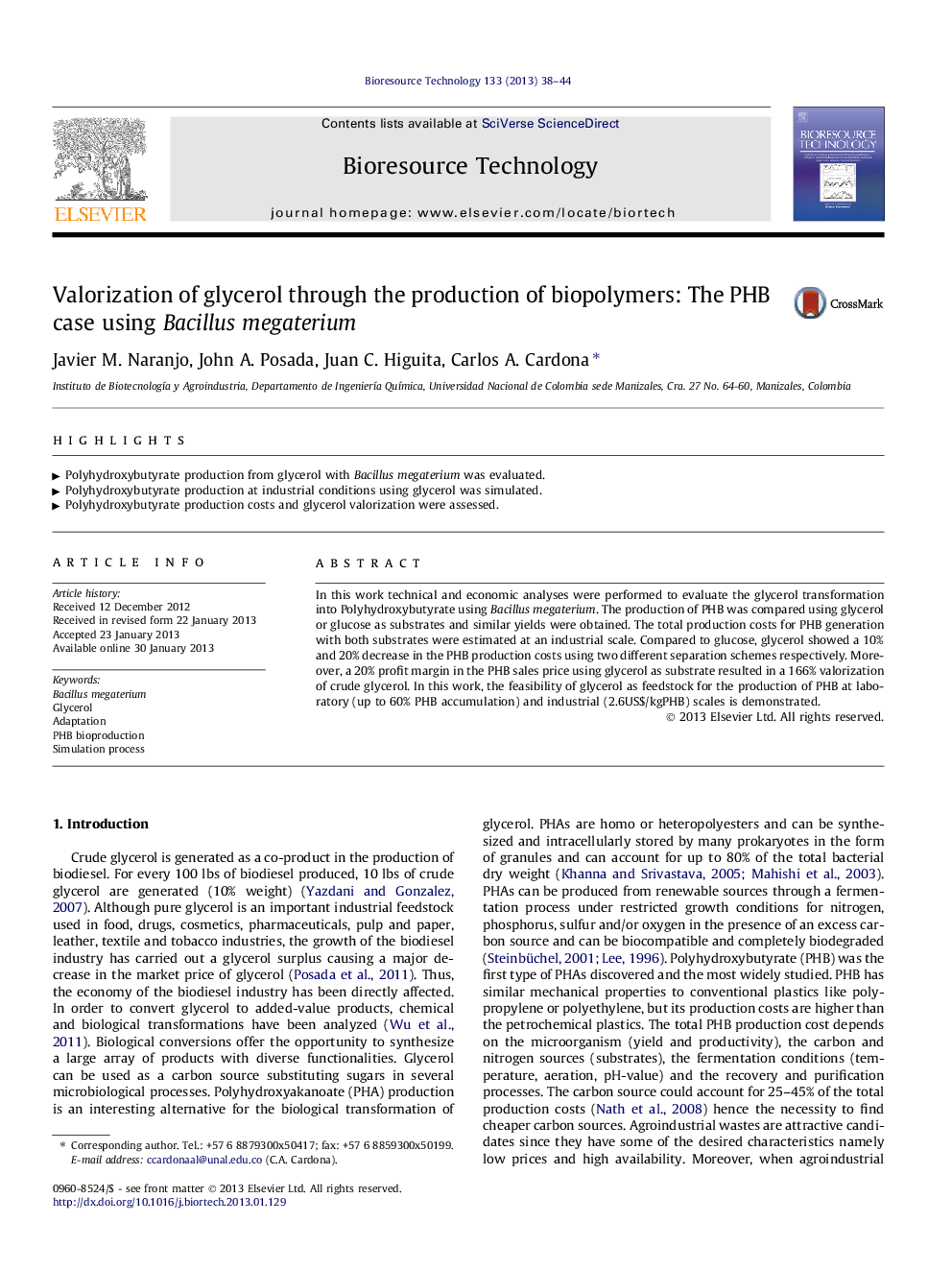 Valorization of glycerol through the production of biopolymers: The PHB case using Bacillus megaterium