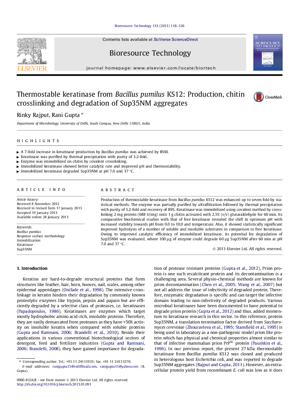 Thermostable keratinase from Bacillus pumilus KS12: Production, chitin crosslinking and degradation of Sup35NM aggregates