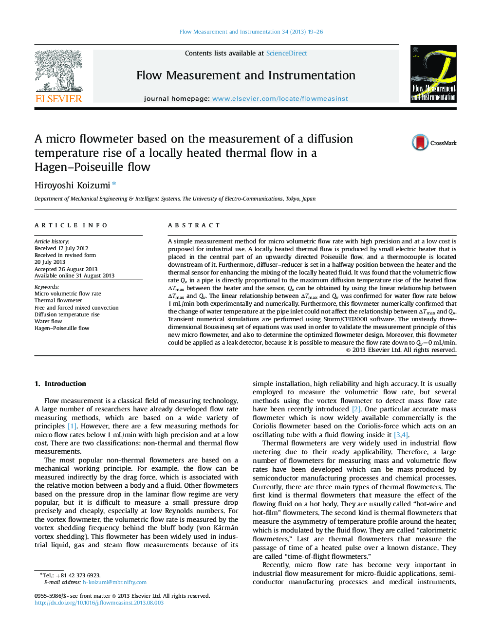 A micro flowmeter based on the measurement of a diffusion temperature rise of a locally heated thermal flow in a Hagen–Poiseuille flow