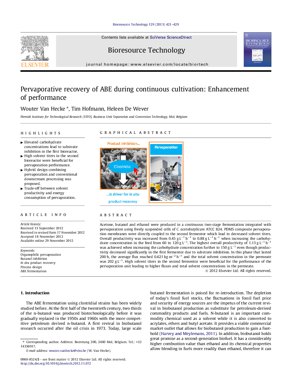 Pervaporative recovery of ABE during continuous cultivation: Enhancement of performance