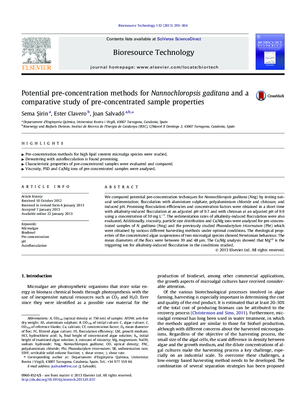 Potential pre-concentration methods for Nannochloropsis gaditana and a comparative study of pre-concentrated sample properties